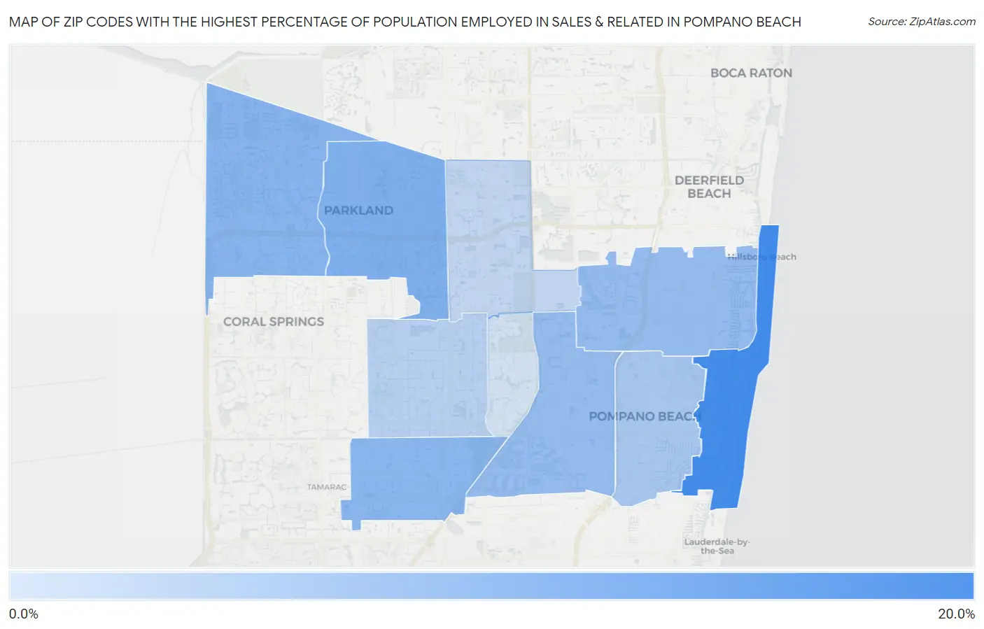 Zip Codes with the Highest Percentage of Population Employed in Sales & Related in Pompano Beach Map