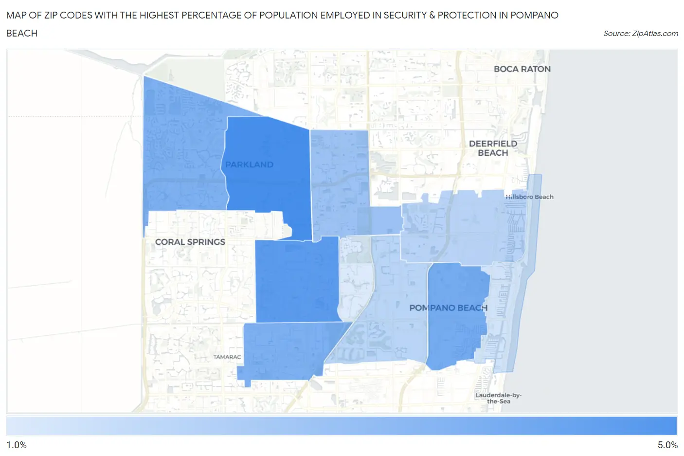 Zip Codes with the Highest Percentage of Population Employed in Security & Protection in Pompano Beach Map