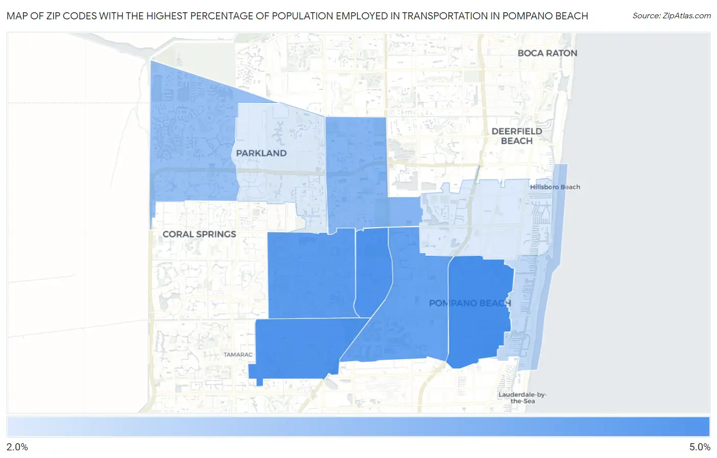 Zip Codes with the Highest Percentage of Population Employed in Transportation in Pompano Beach Map