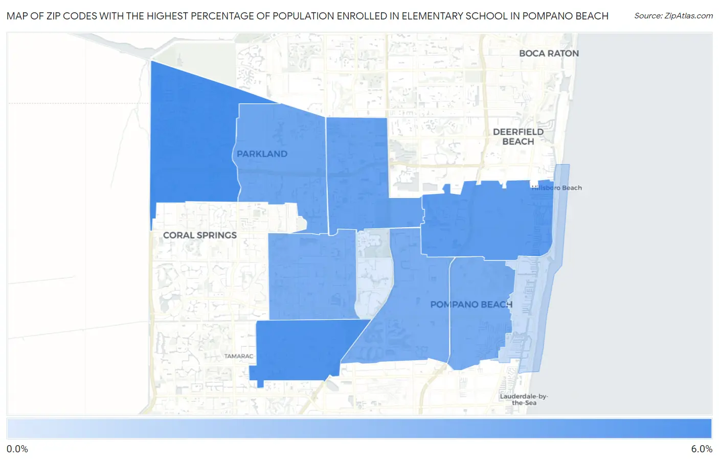 Zip Codes with the Highest Percentage of Population Enrolled in Elementary School in Pompano Beach Map