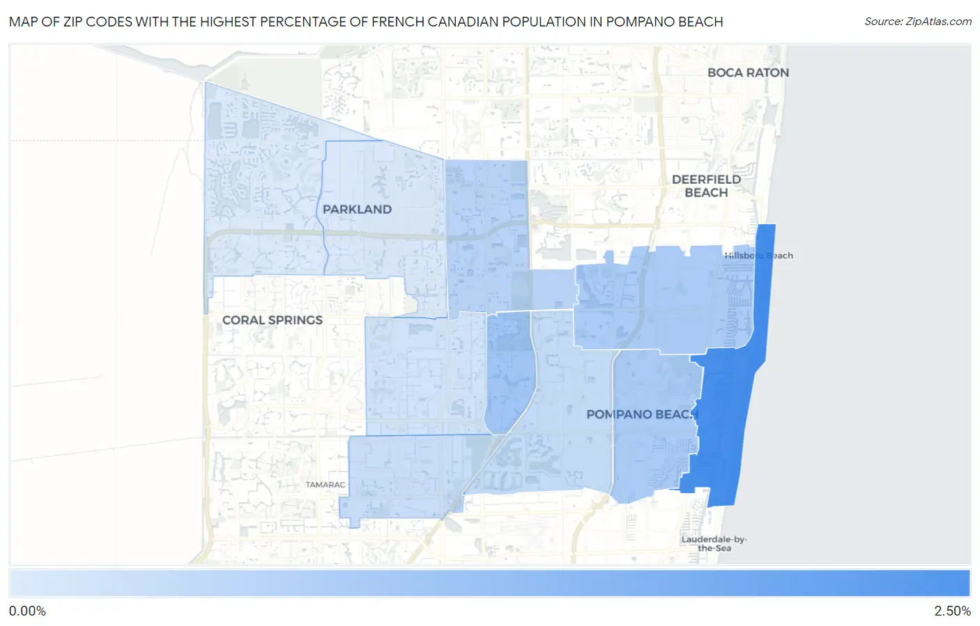 Zip Codes with the Highest Percentage of French Canadian Population in Pompano Beach Map