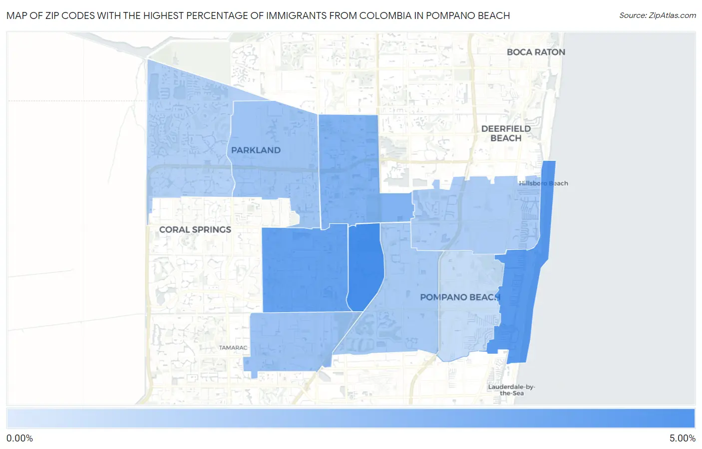 Zip Codes with the Highest Percentage of Immigrants from Colombia in Pompano Beach Map