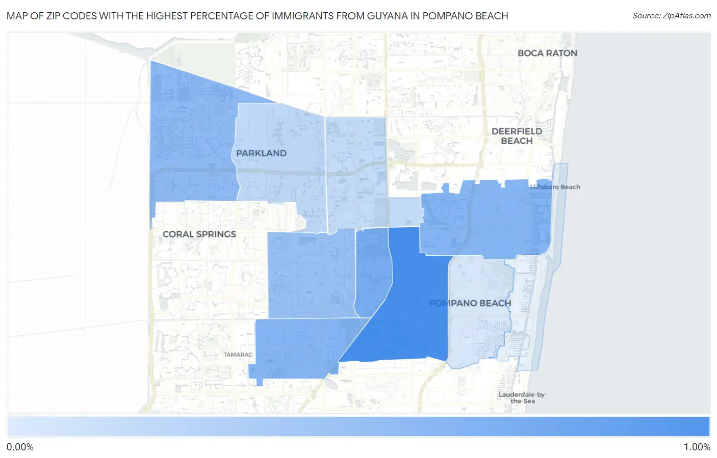 Zip Codes with the Highest Percentage of Immigrants from Guyana in Pompano Beach Map