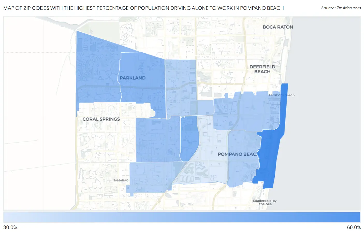 Zip Codes with the Highest Percentage of Population Driving Alone to Work in Pompano Beach Map