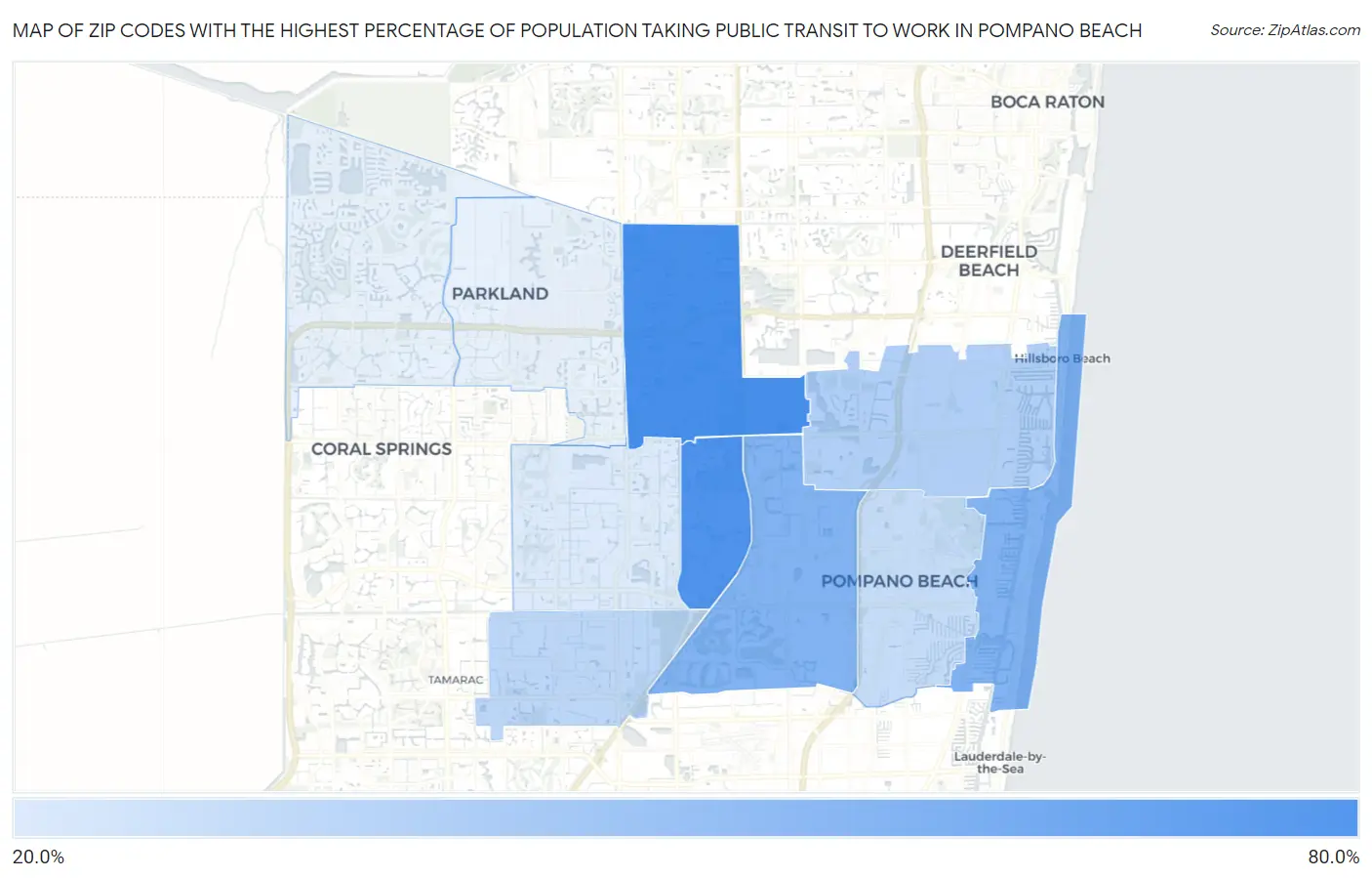 Zip Codes with the Highest Percentage of Population Taking Public Transit to Work in Pompano Beach Map