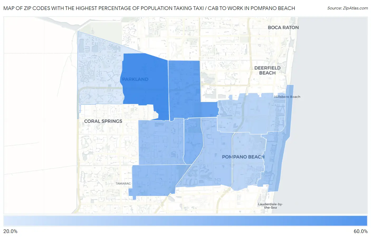 Zip Codes with the Highest Percentage of Population Taking Taxi / Cab to Work in Pompano Beach Map