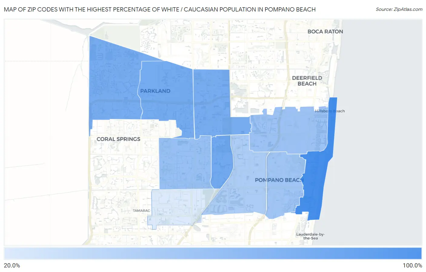 Zip Codes with the Highest Percentage of White / Caucasian Population in Pompano Beach Map