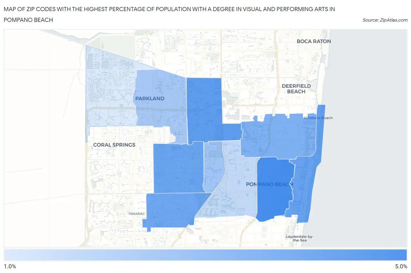 Zip Codes with the Highest Percentage of Population with a Degree in Visual and Performing Arts in Pompano Beach Map