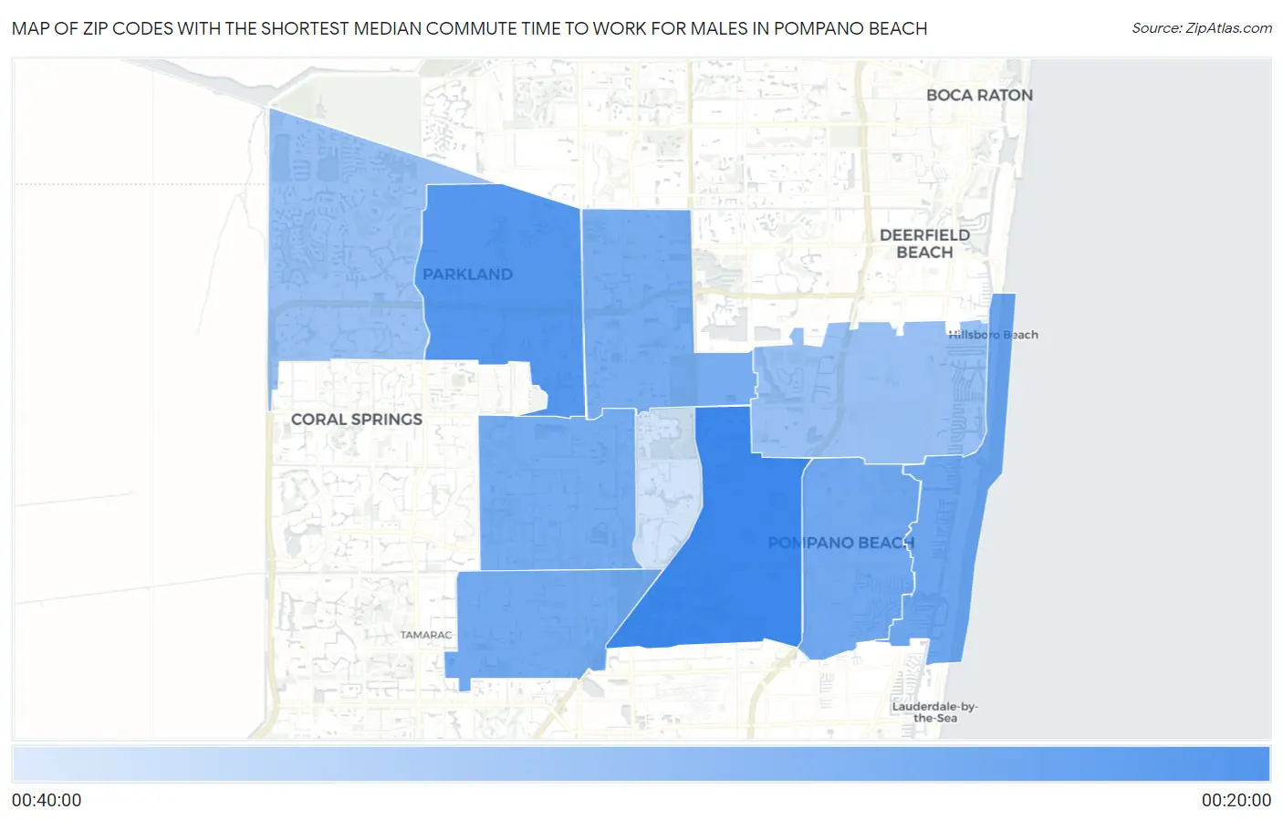 Zip Codes with the Shortest Median Commute Time to Work for Males in Pompano Beach Map