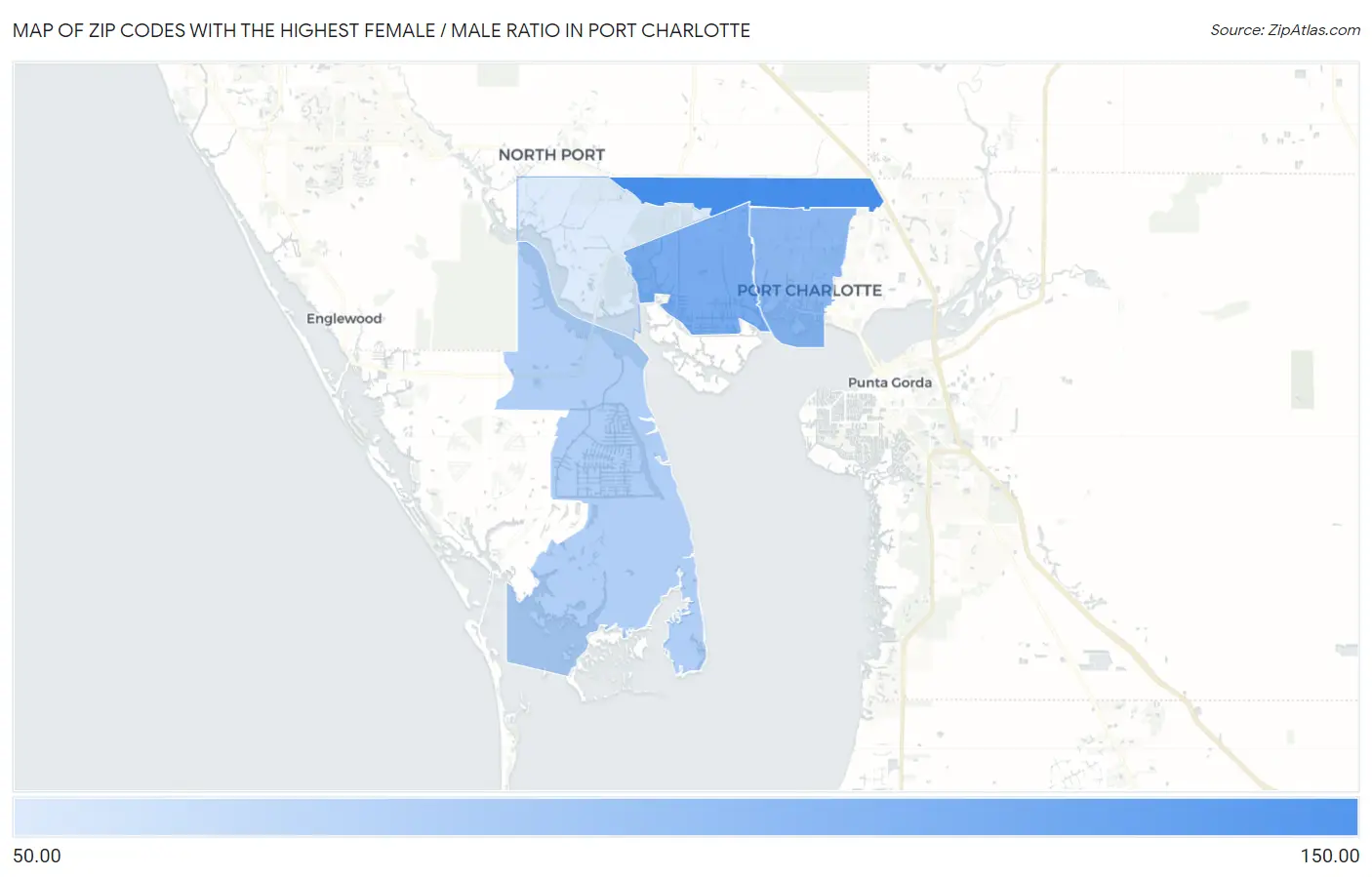 Zip Codes with the Highest Female / Male Ratio in Port Charlotte Map