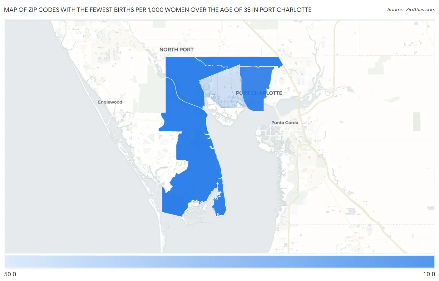 Zip Codes with the Fewest Births per 1,000 Women Over the Age of 35 in Port Charlotte Map