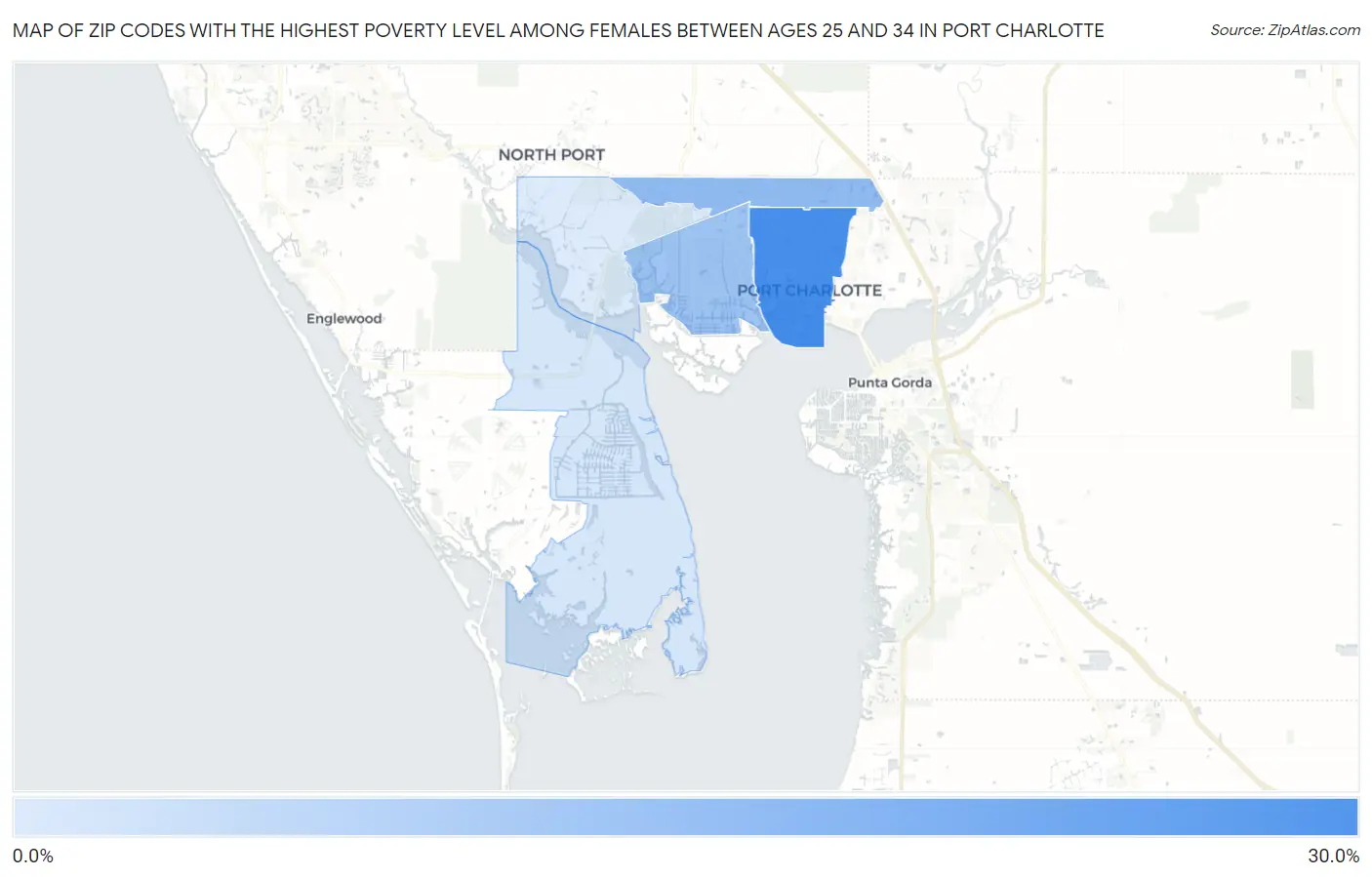Zip Codes with the Highest Poverty Level Among Females Between Ages 25 and 34 in Port Charlotte Map