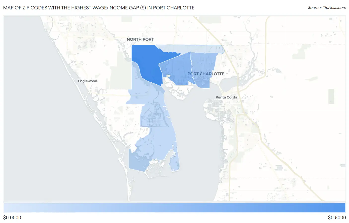 Zip Codes with the Highest Wage/Income Gap ($) in Port Charlotte Map