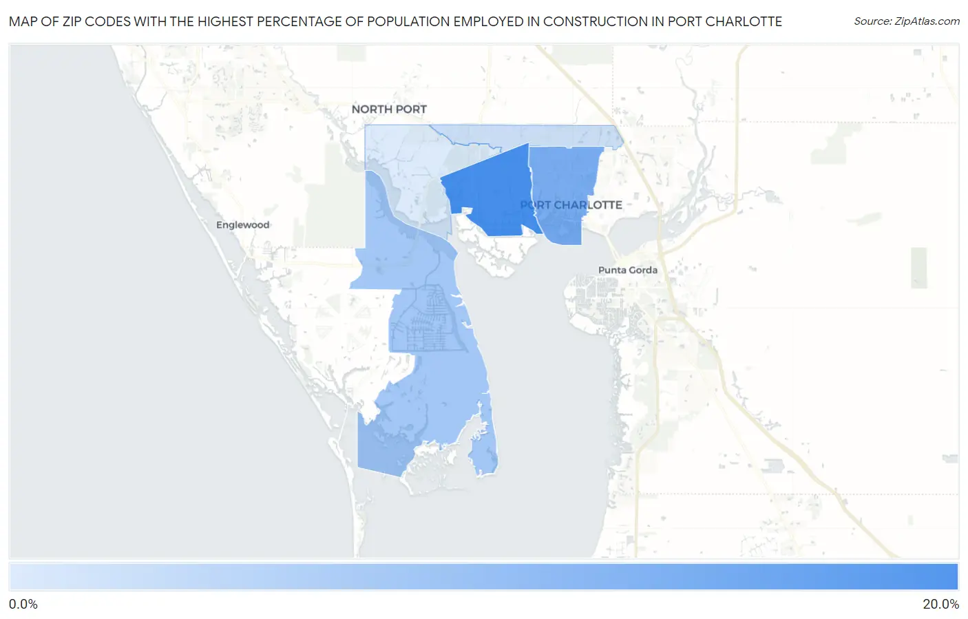 Zip Codes with the Highest Percentage of Population Employed in Construction in Port Charlotte Map