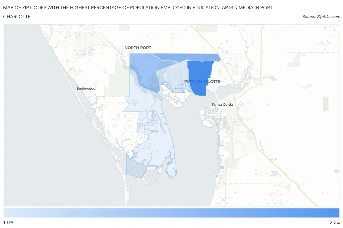 Zip Codes with the Highest Percentage of Population Employed in Education, Arts & Media in Port Charlotte Map