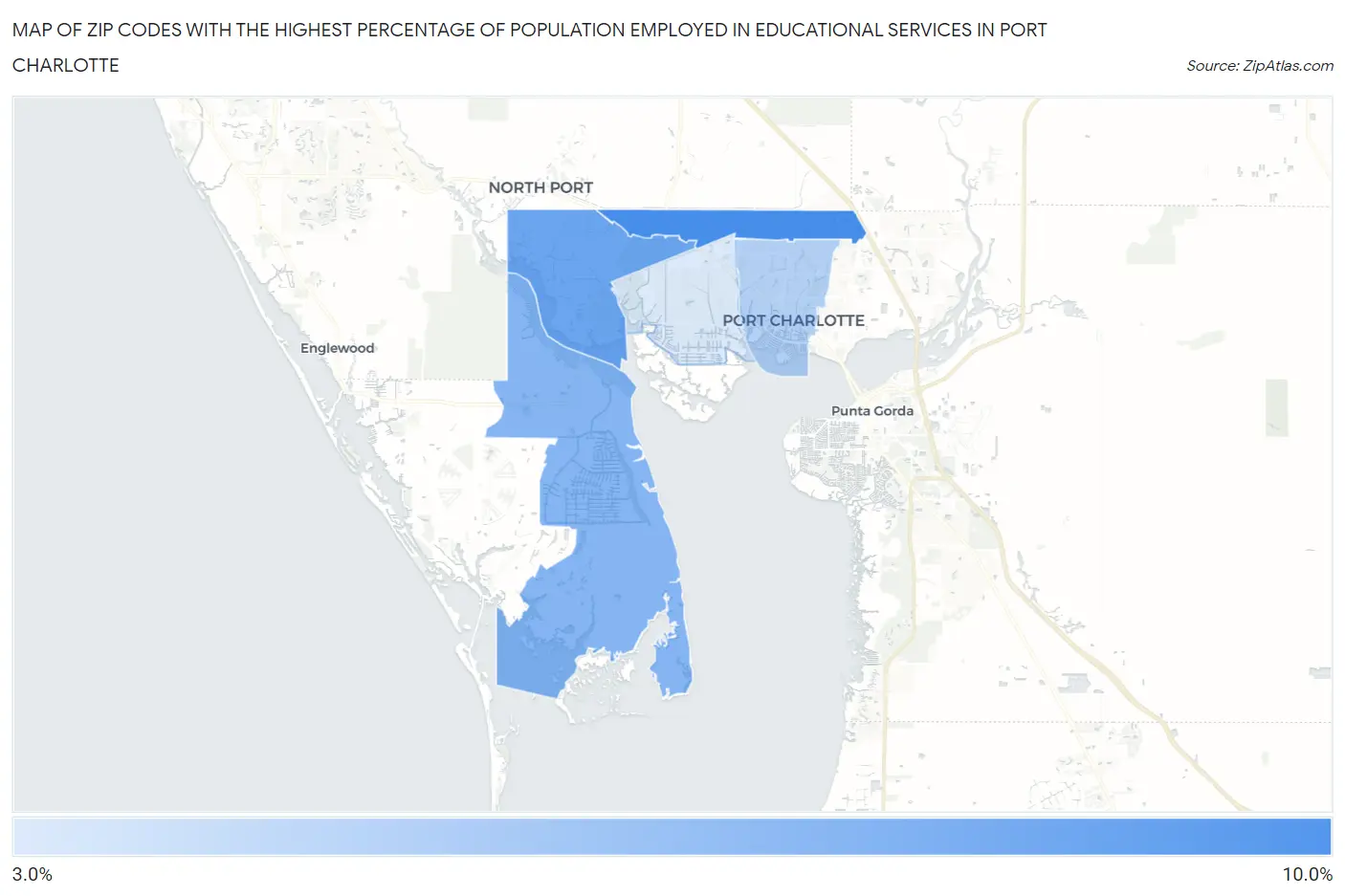 Zip Codes with the Highest Percentage of Population Employed in Educational Services in Port Charlotte Map
