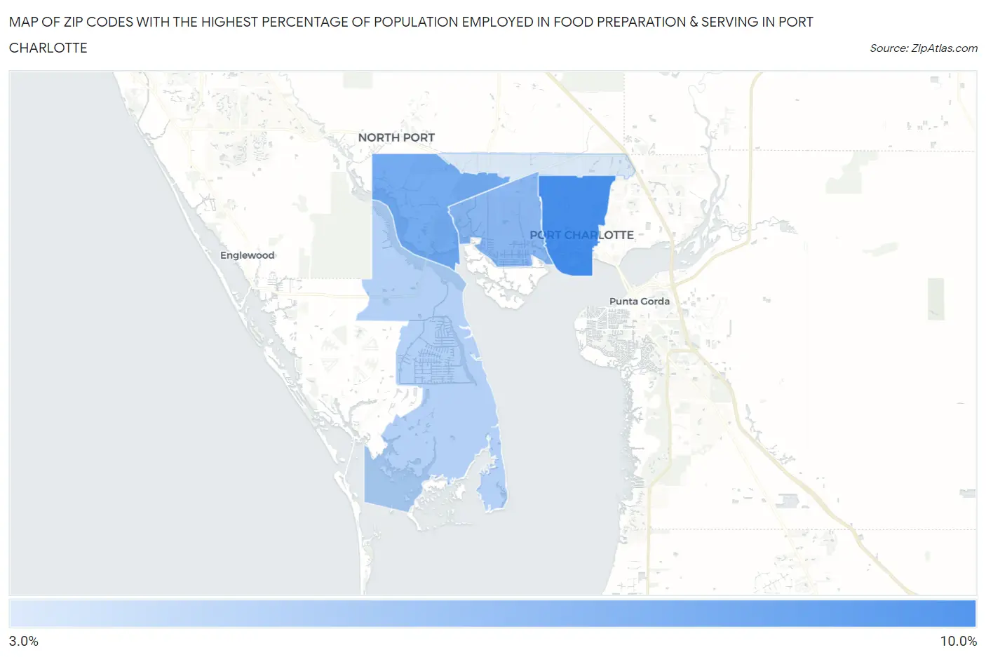 Zip Codes with the Highest Percentage of Population Employed in Food Preparation & Serving in Port Charlotte Map