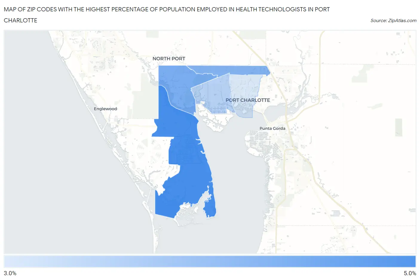 Zip Codes with the Highest Percentage of Population Employed in Health Technologists in Port Charlotte Map