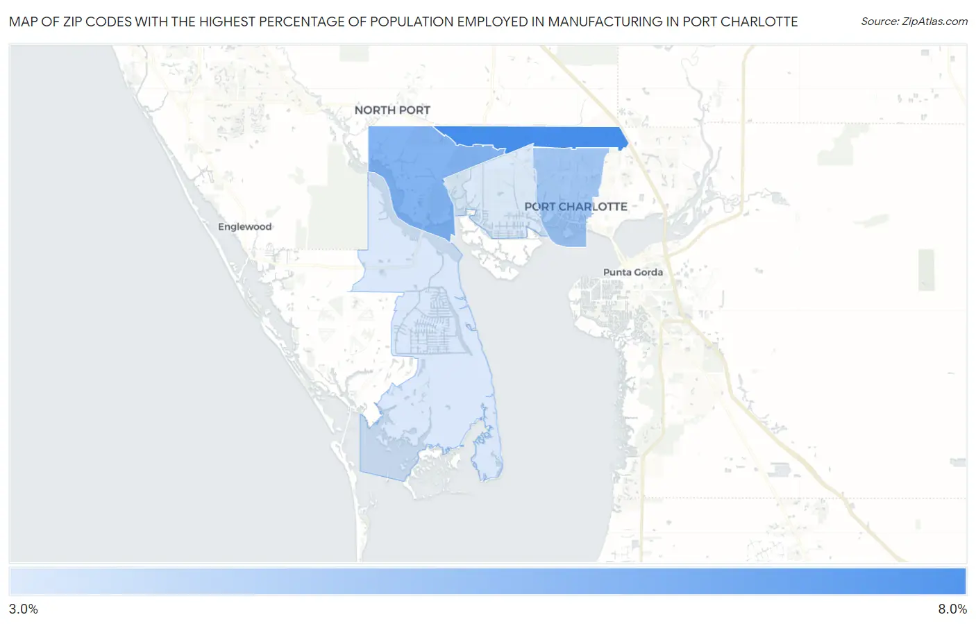 Zip Codes with the Highest Percentage of Population Employed in Manufacturing in Port Charlotte Map