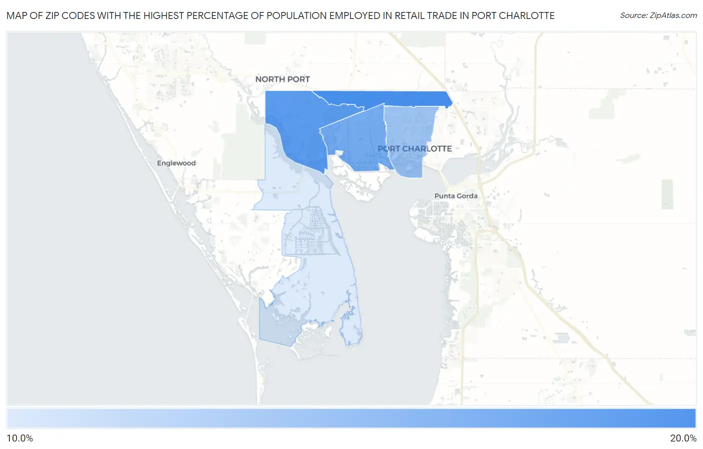 Zip Codes with the Highest Percentage of Population Employed in Retail Trade in Port Charlotte Map