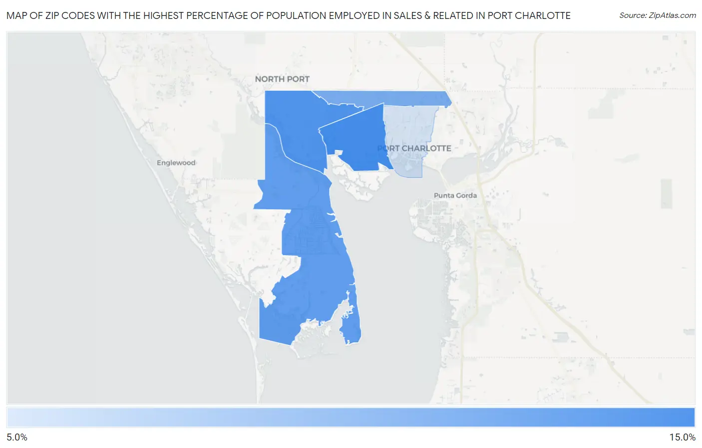 Zip Codes with the Highest Percentage of Population Employed in Sales & Related in Port Charlotte Map