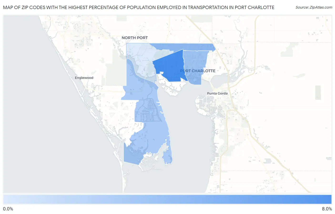 Zip Codes with the Highest Percentage of Population Employed in Transportation in Port Charlotte Map