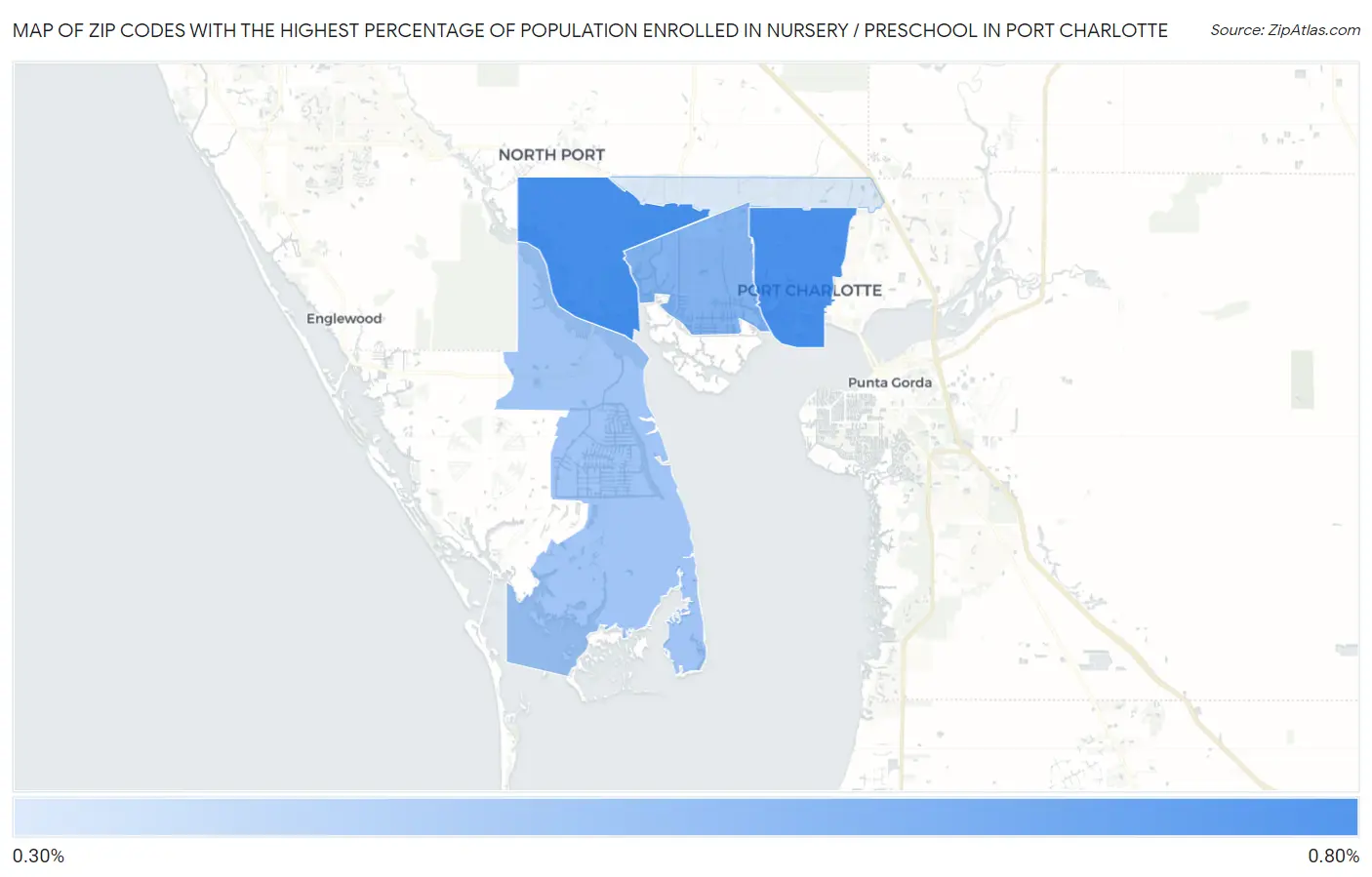 Zip Codes with the Highest Percentage of Population Enrolled in Nursery / Preschool in Port Charlotte Map