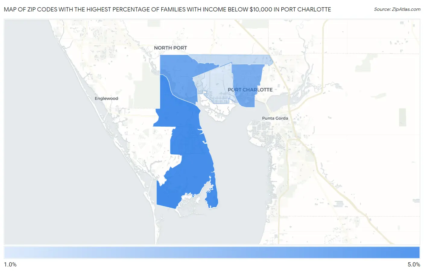 Zip Codes with the Highest Percentage of Families with Income Below $10,000 in Port Charlotte Map
