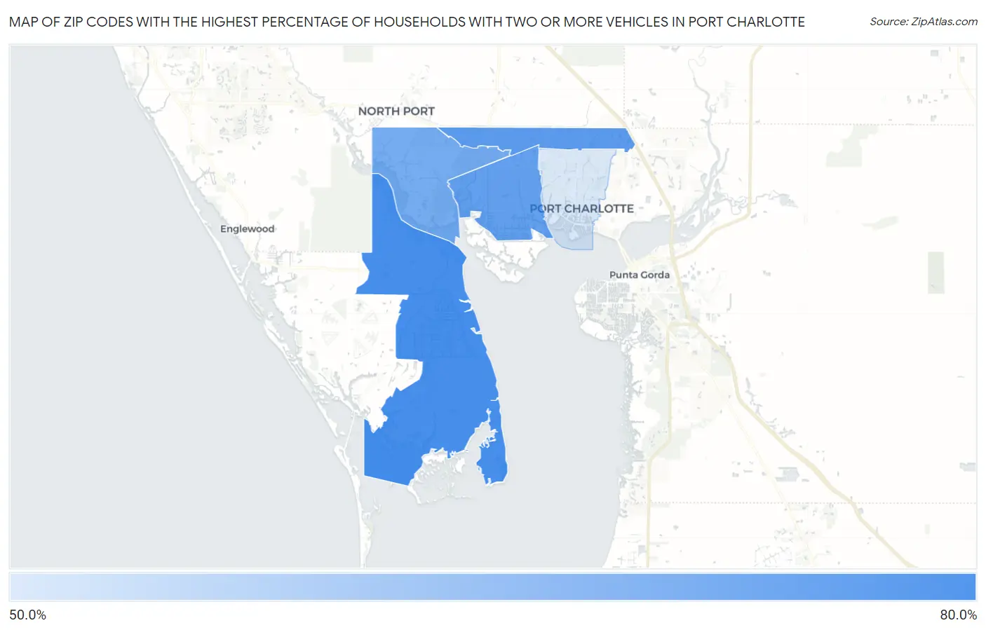 Zip Codes with the Highest Percentage of Households With Two or more Vehicles in Port Charlotte Map