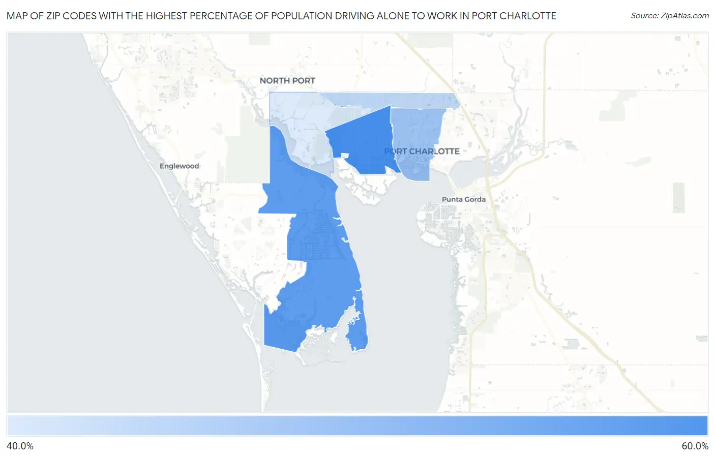 Zip Codes with the Highest Percentage of Population Driving Alone to Work in Port Charlotte Map