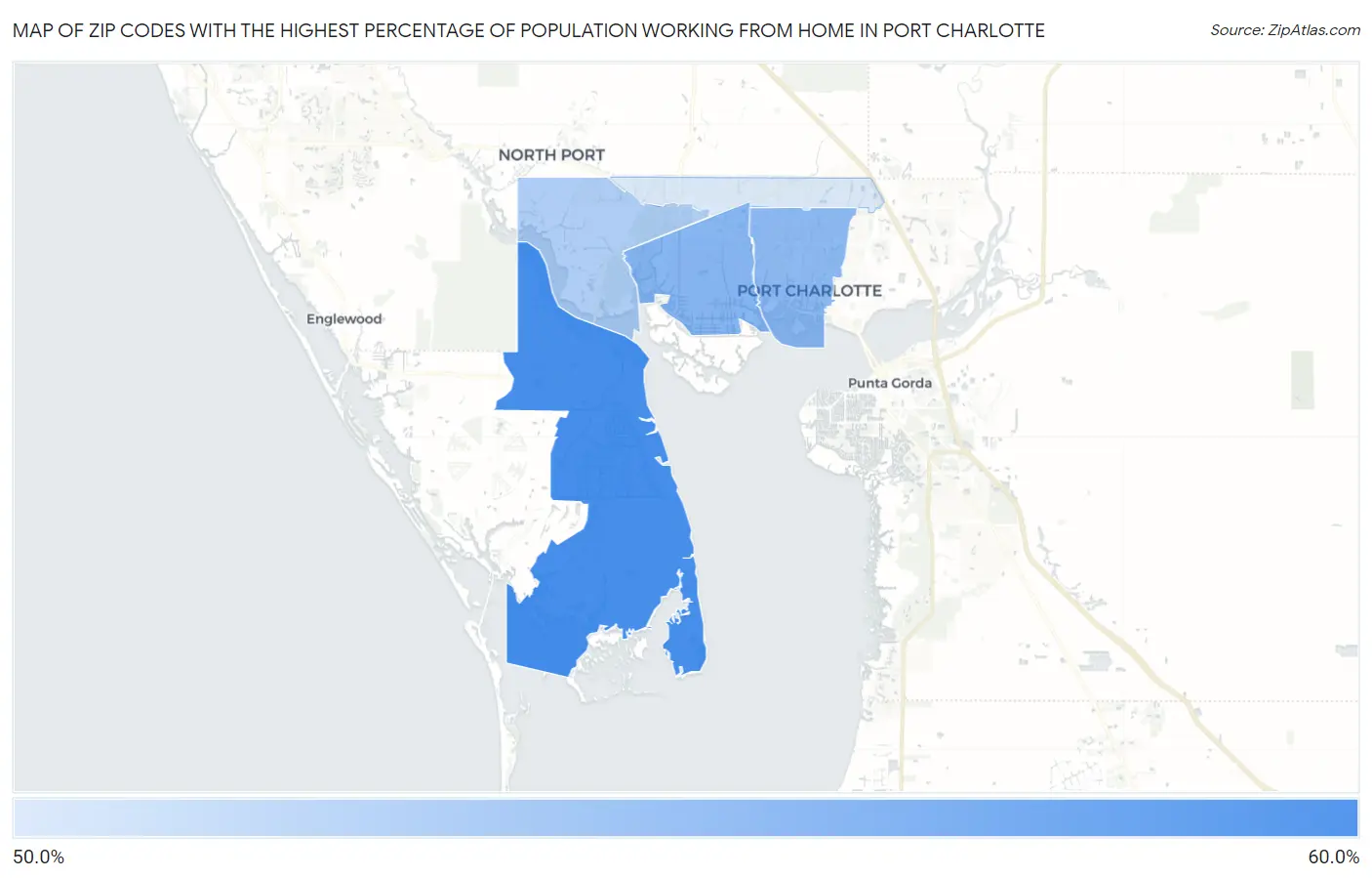 Zip Codes with the Highest Percentage of Population Working from Home in Port Charlotte Map
