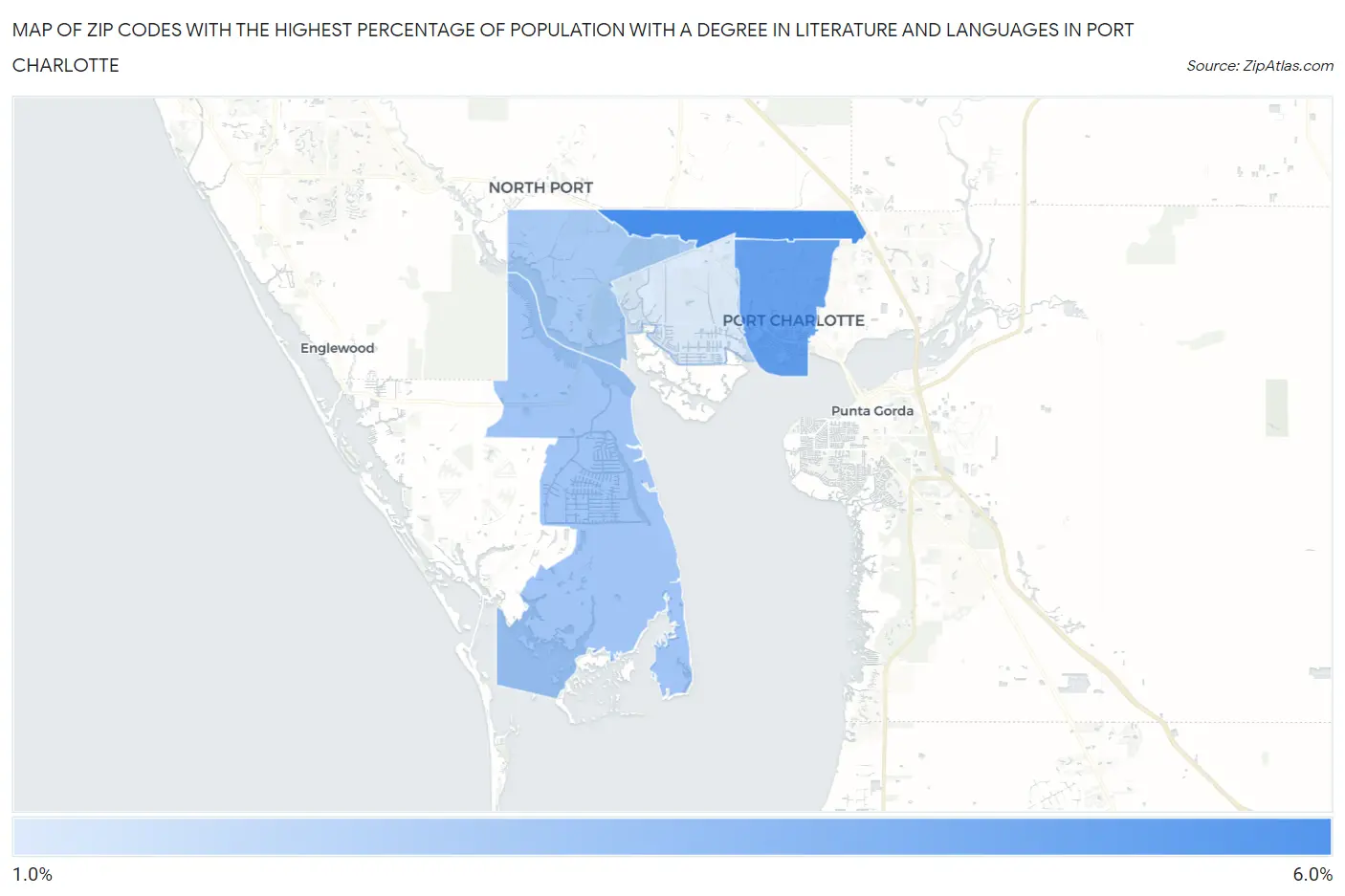 Zip Codes with the Highest Percentage of Population with a Degree in Literature and Languages in Port Charlotte Map