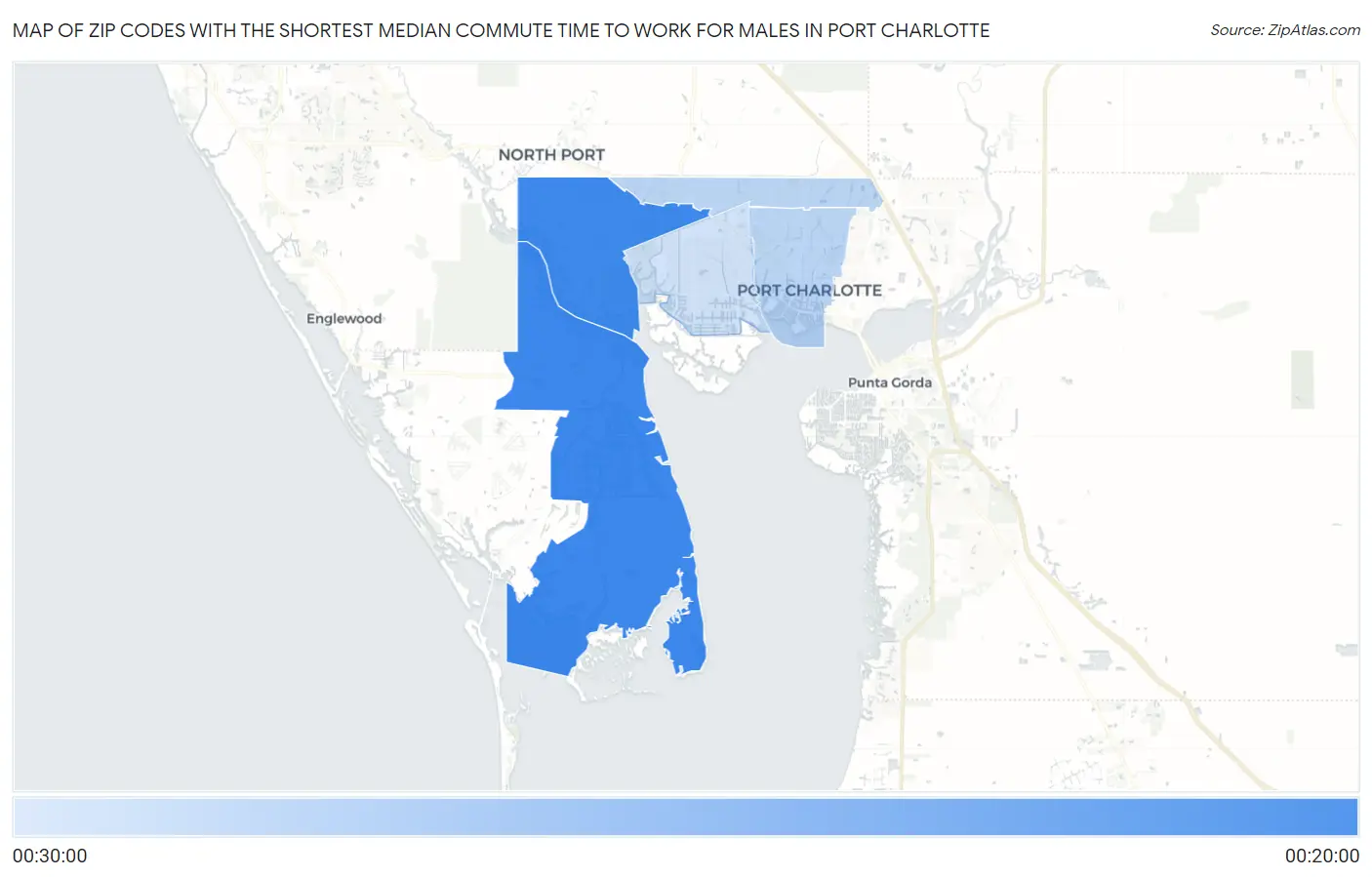 Zip Codes with the Shortest Median Commute Time to Work for Males in Port Charlotte Map