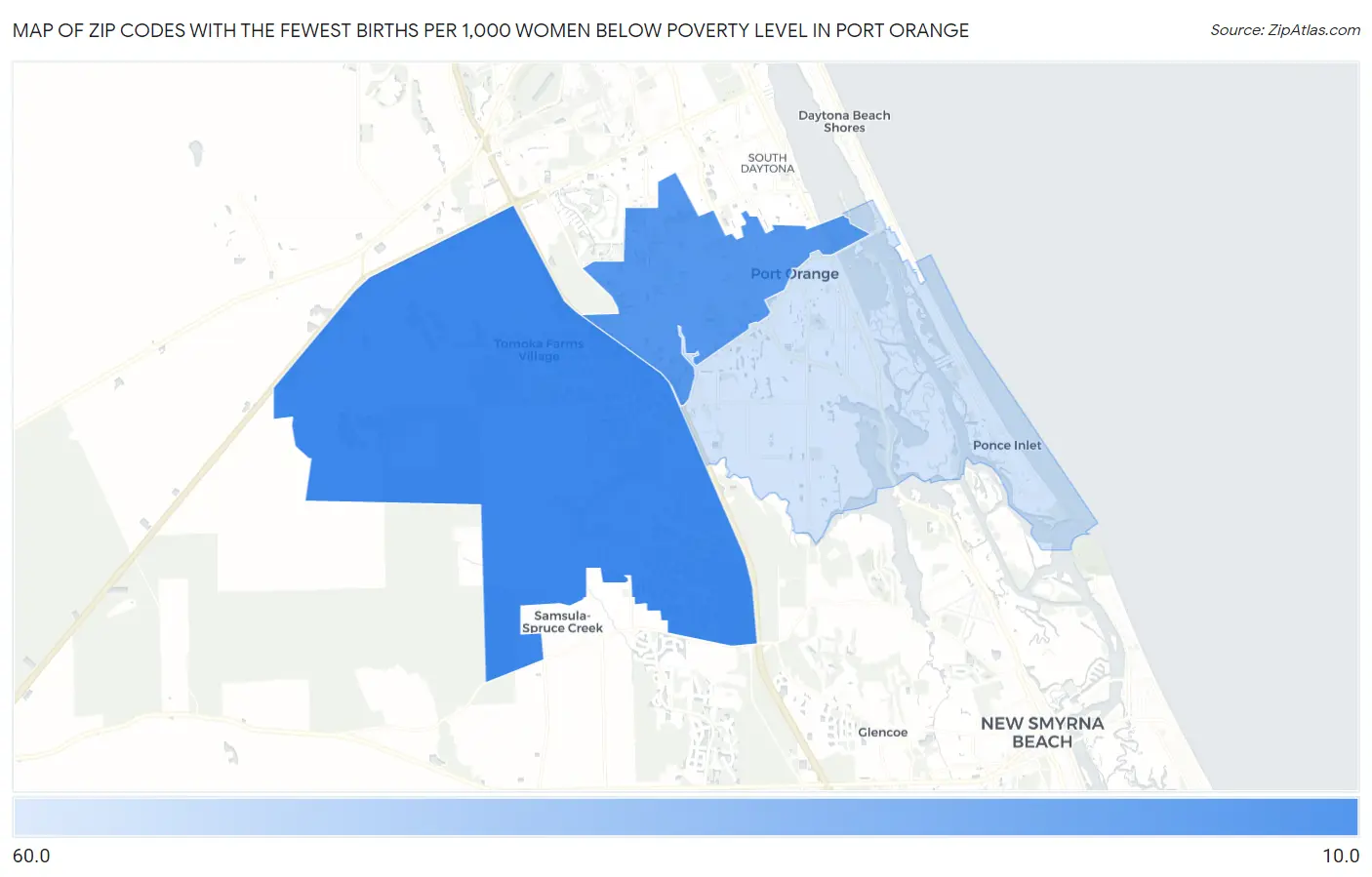 Zip Codes with the Fewest Births per 1,000 Women Below Poverty Level in Port Orange Map
