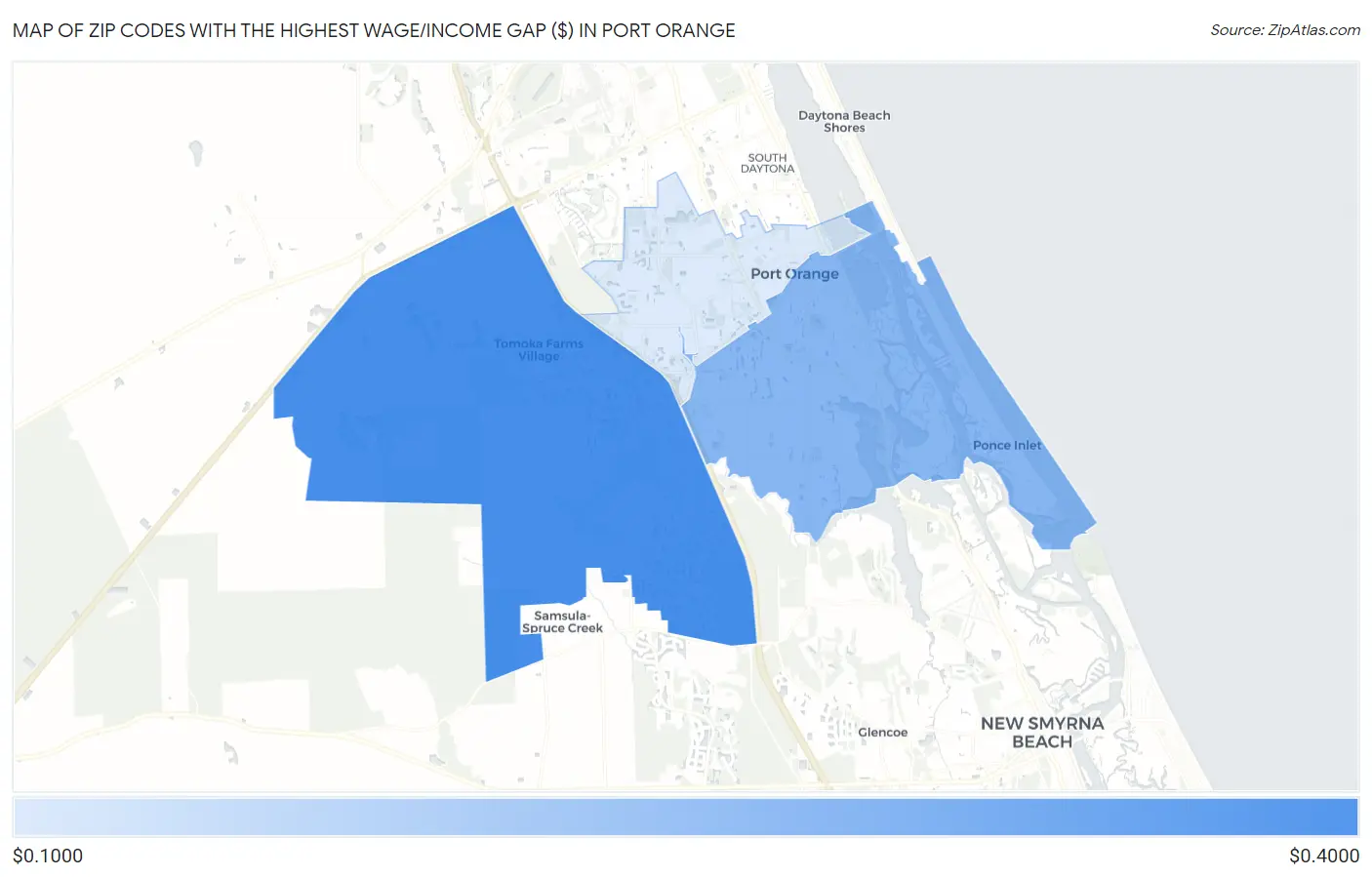 Zip Codes with the Highest Wage/Income Gap ($) in Port Orange Map