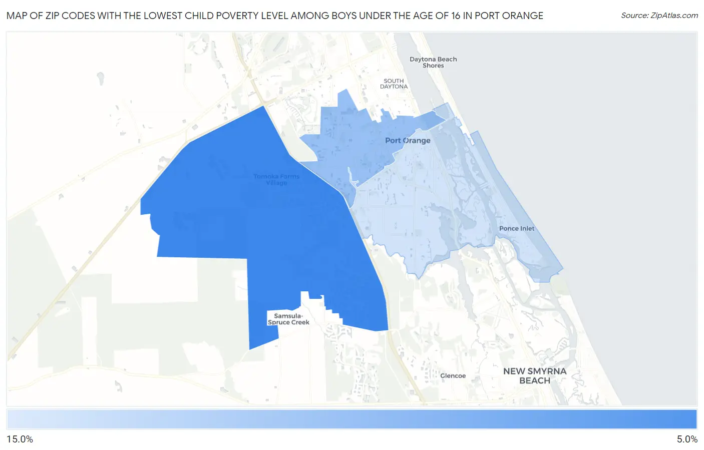 Zip Codes with the Lowest Child Poverty Level Among Boys Under the Age of 16 in Port Orange Map