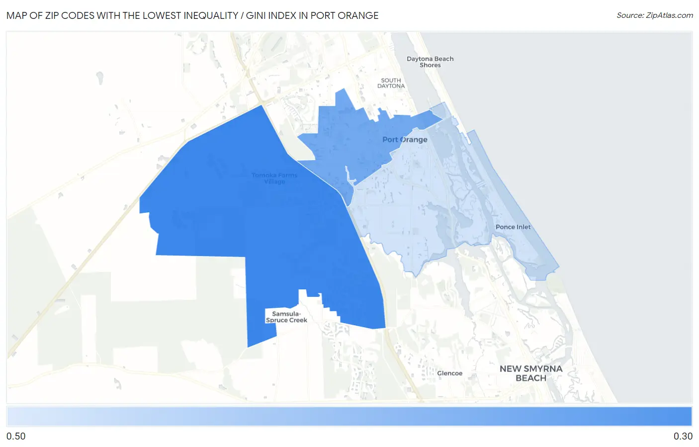 Zip Codes with the Lowest Inequality / Gini Index in Port Orange Map