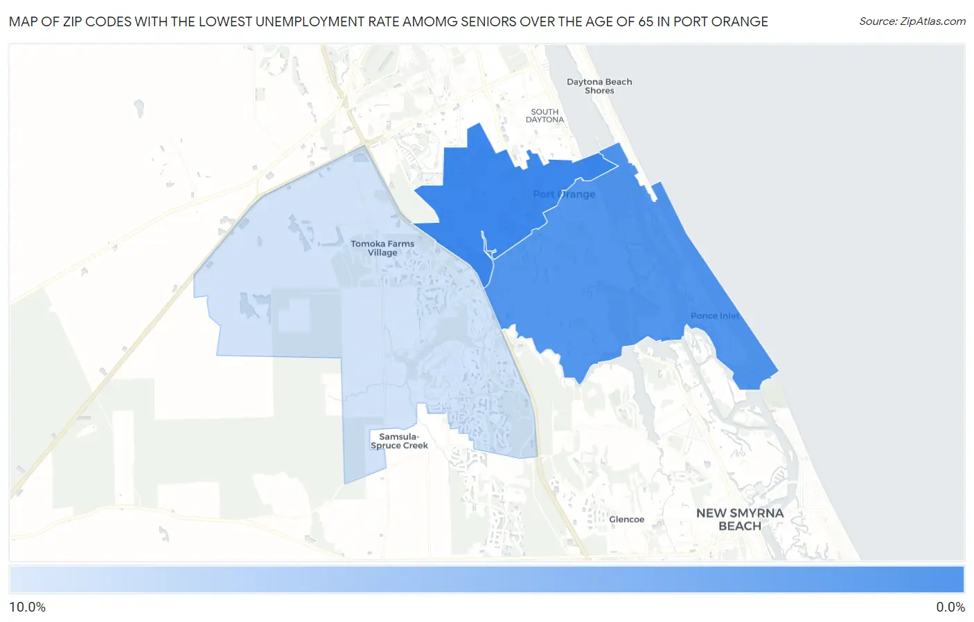 Zip Codes with the Lowest Unemployment Rate Amomg Seniors Over the Age of 65 in Port Orange Map
