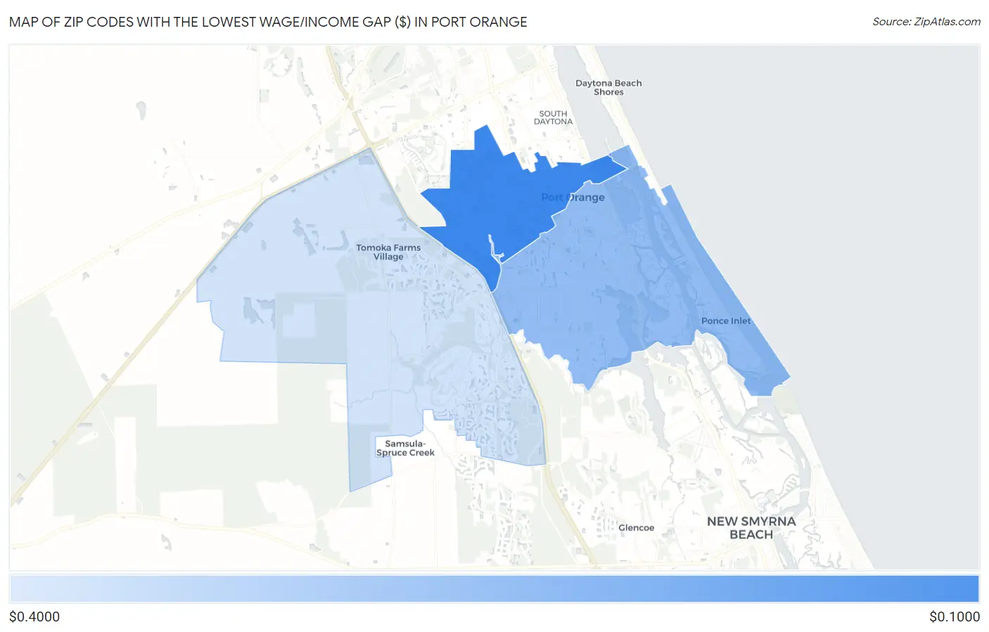Zip Codes with the Lowest Wage/Income Gap ($) in Port Orange Map