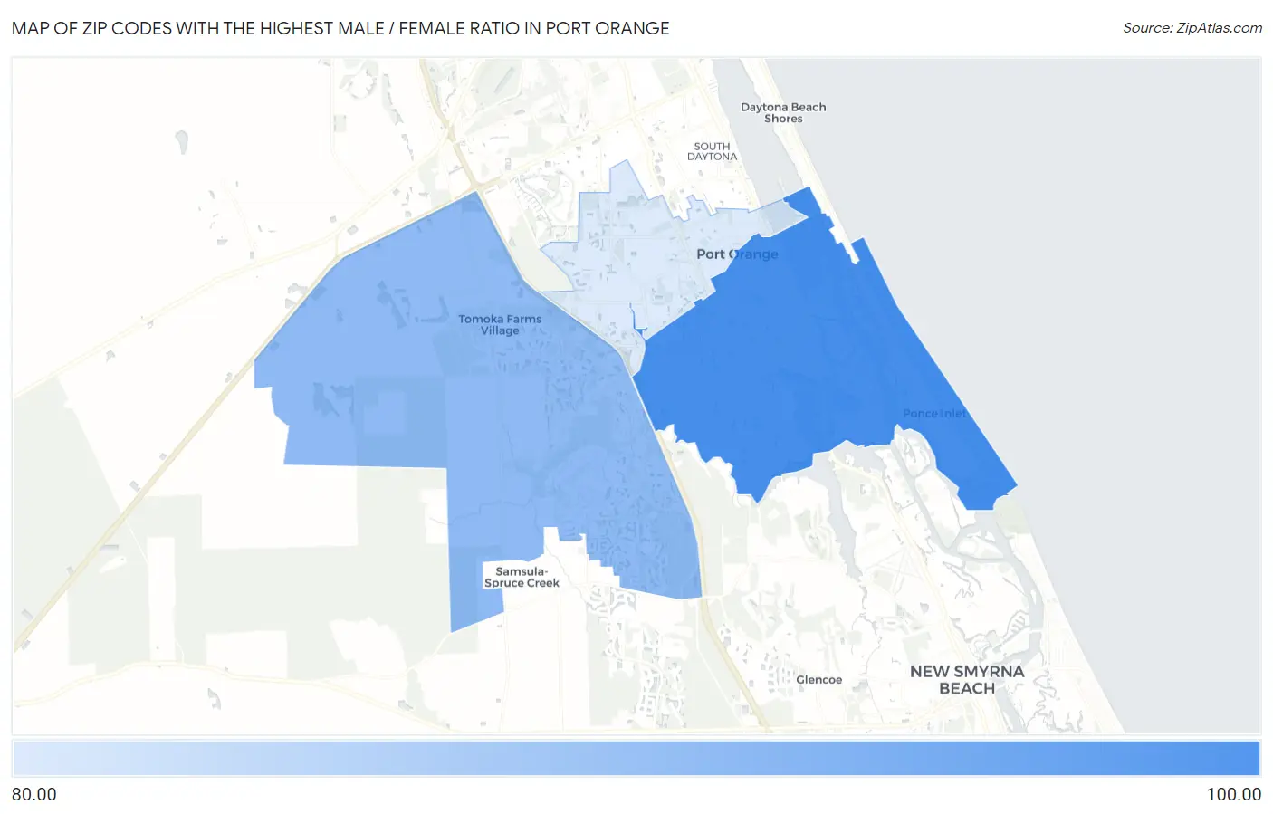 Zip Codes with the Highest Male / Female Ratio in Port Orange Map