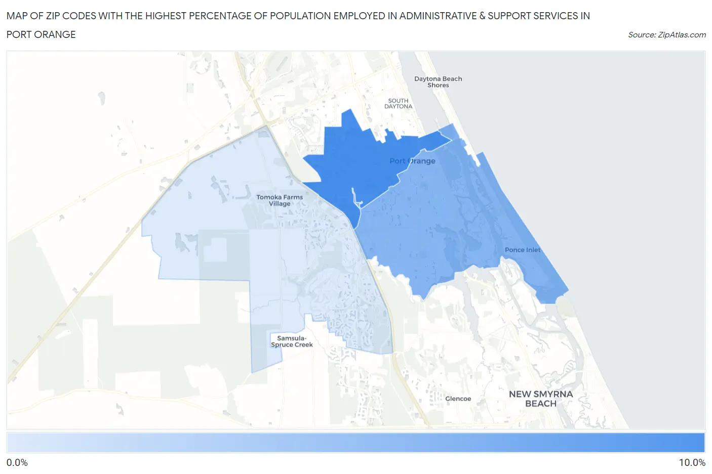 Zip Codes with the Highest Percentage of Population Employed in Administrative & Support Services in Port Orange Map