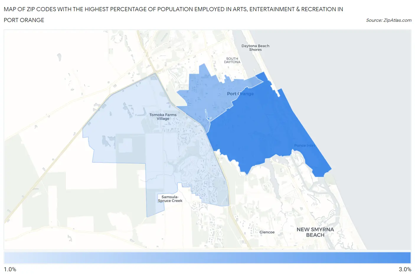 Zip Codes with the Highest Percentage of Population Employed in Arts, Entertainment & Recreation in Port Orange Map