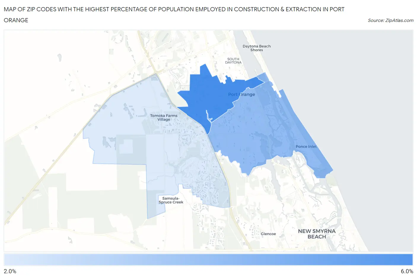 Zip Codes with the Highest Percentage of Population Employed in Construction & Extraction in Port Orange Map