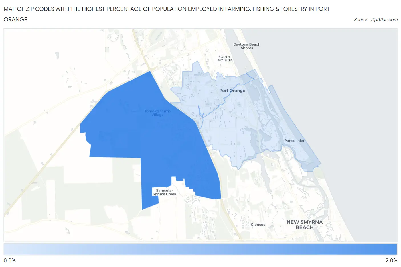 Zip Codes with the Highest Percentage of Population Employed in Farming, Fishing & Forestry in Port Orange Map