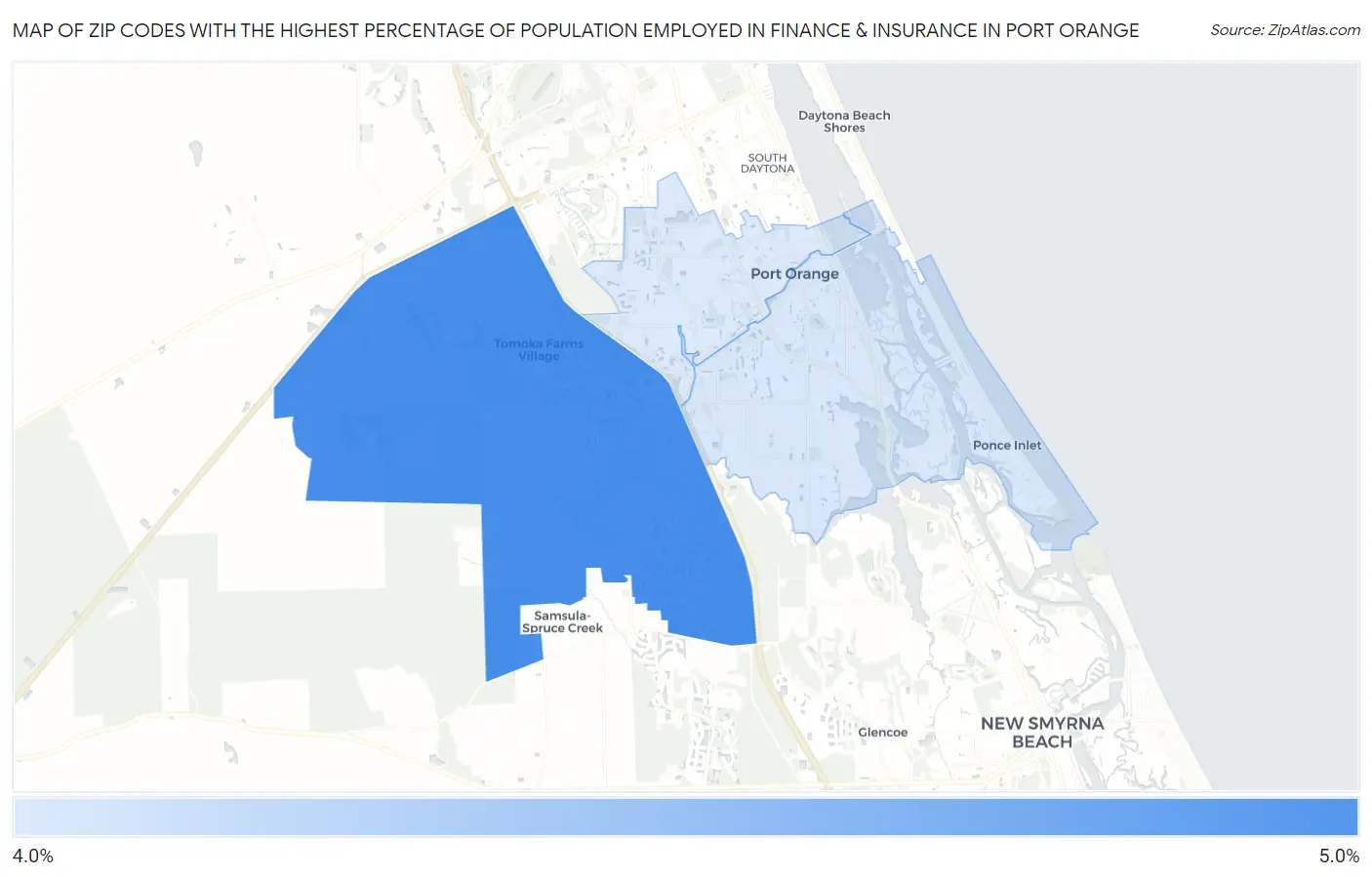 Zip Codes with the Highest Percentage of Population Employed in Finance & Insurance in Port Orange Map