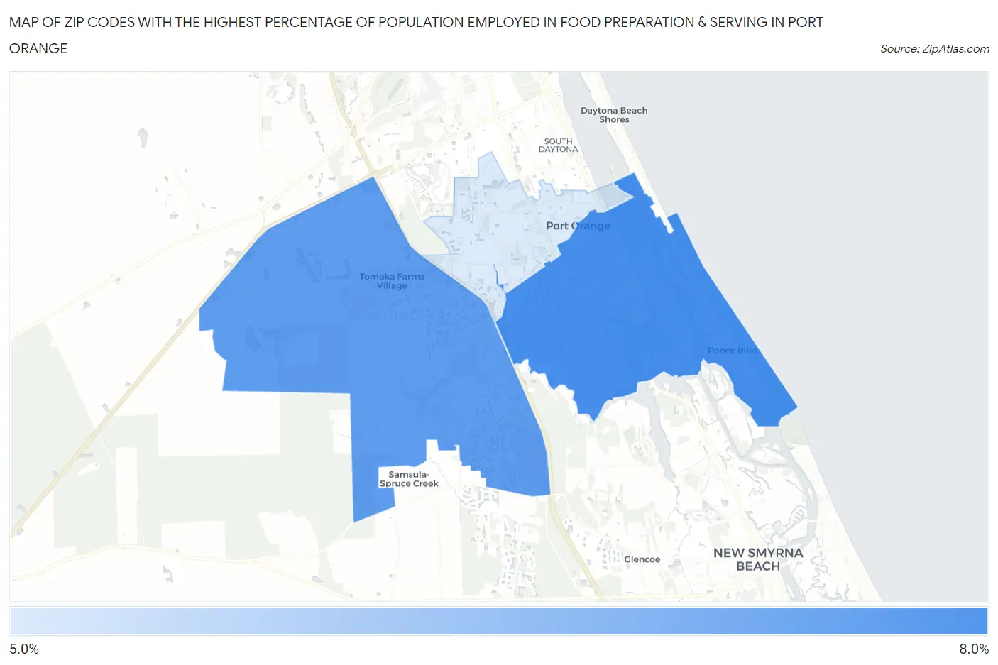 Zip Codes with the Highest Percentage of Population Employed in Food Preparation & Serving in Port Orange Map