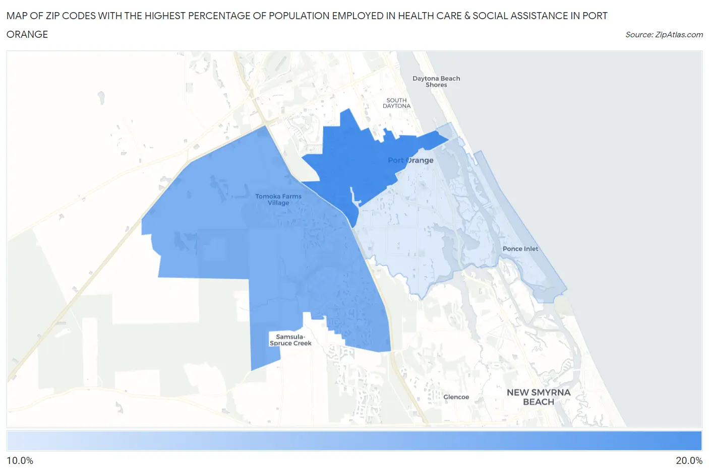 Zip Codes with the Highest Percentage of Population Employed in Health Care & Social Assistance in Port Orange Map