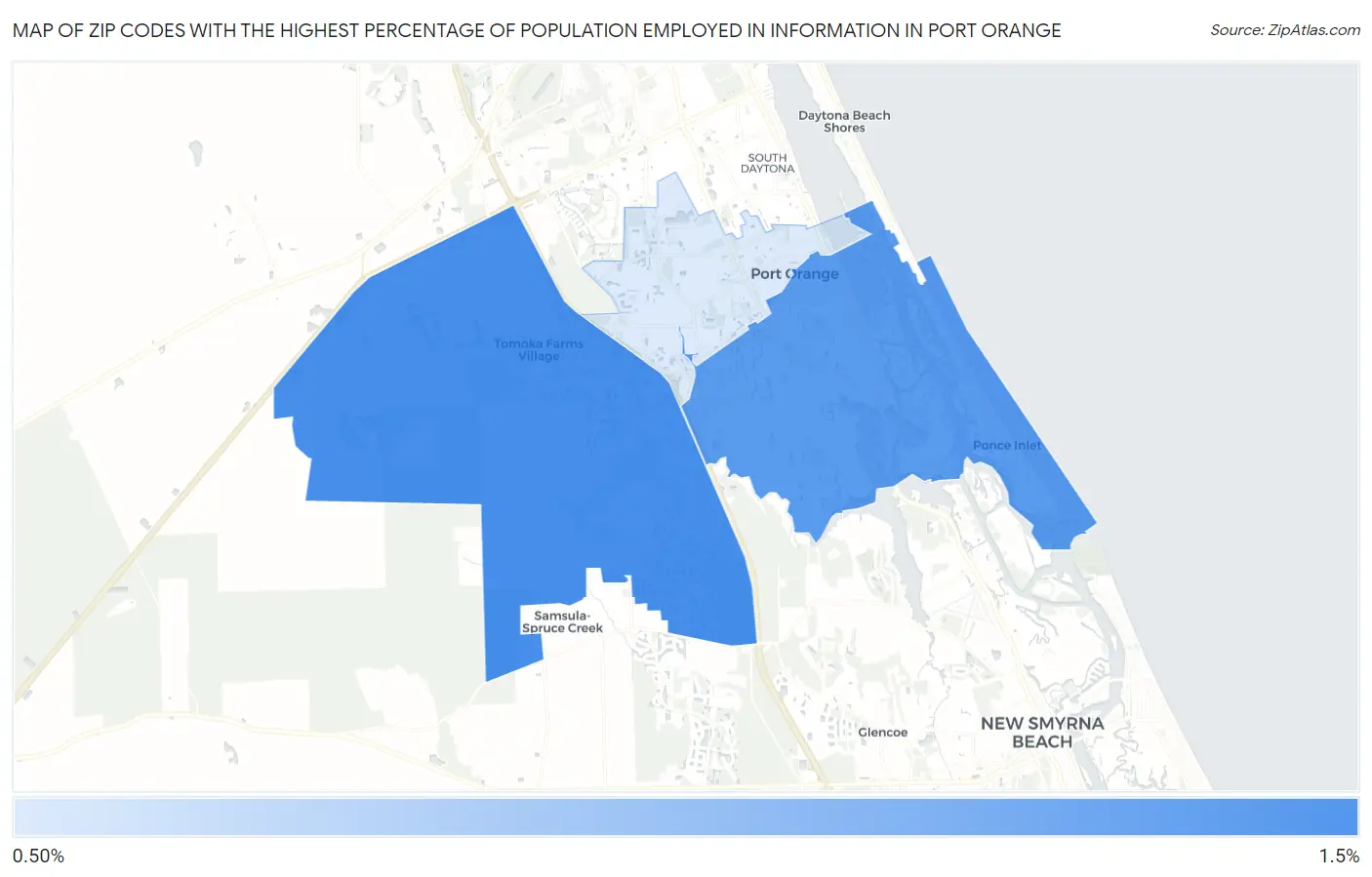 Zip Codes with the Highest Percentage of Population Employed in Information in Port Orange Map