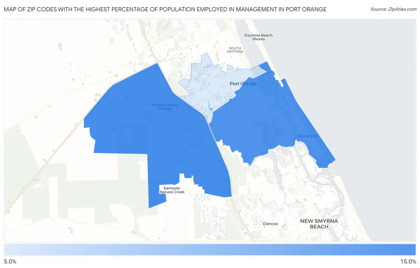 Zip Codes with the Highest Percentage of Population Employed in Management in Port Orange Map