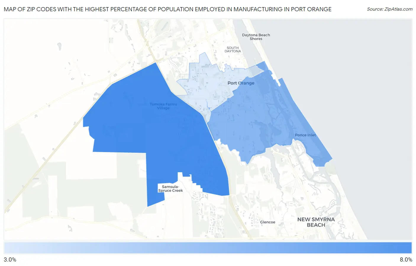 Zip Codes with the Highest Percentage of Population Employed in Manufacturing in Port Orange Map